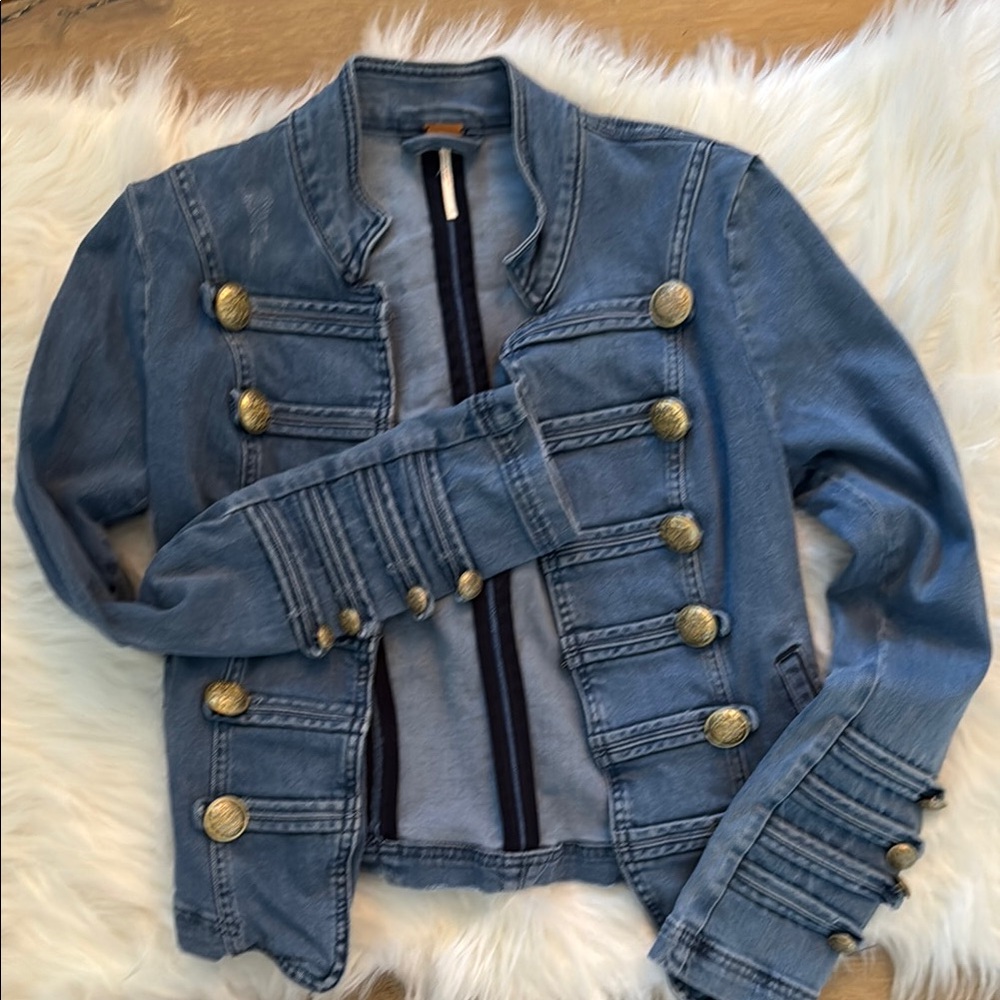 Free People Blue Gold Jean Jacket with Military Flair